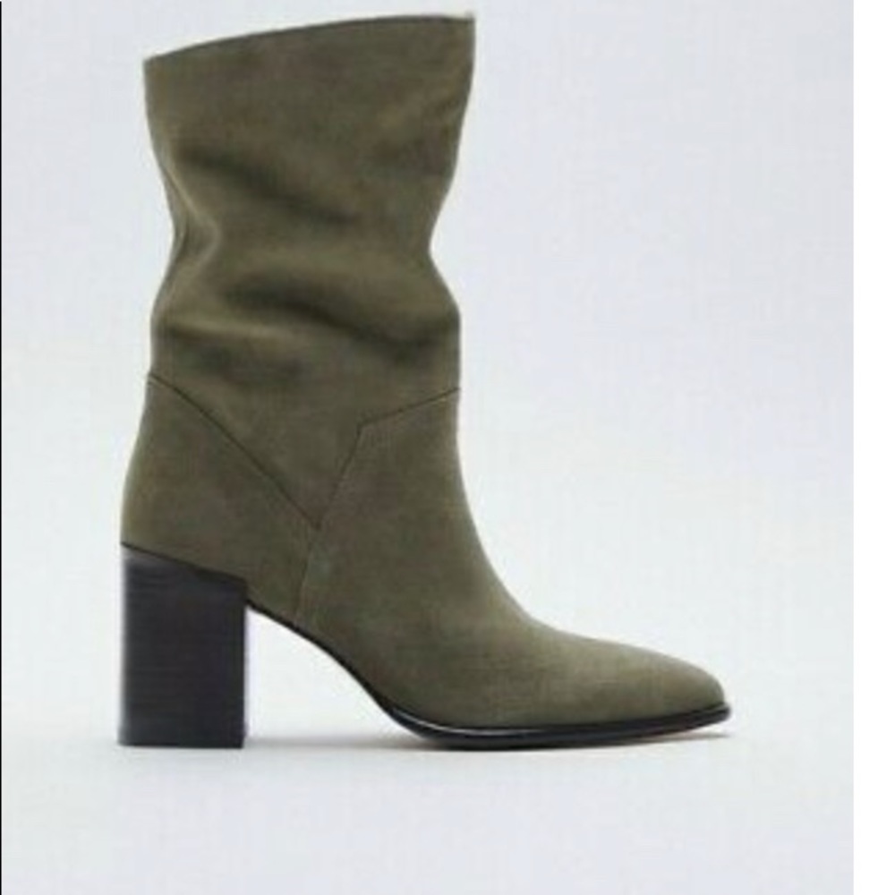 ZARA WOMENS LEATHER HEELED ANKLE BOOTS KHAKI GREEN 1120/710 SZ 7.5/38